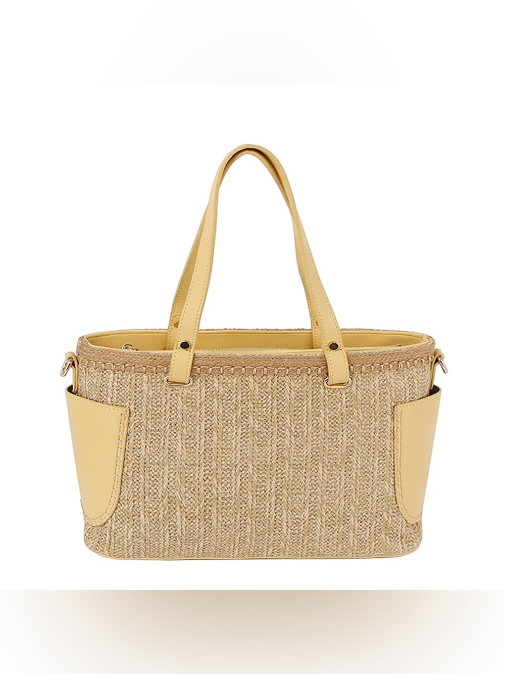 Woven Straw Tote Bag with Yellow Trim
